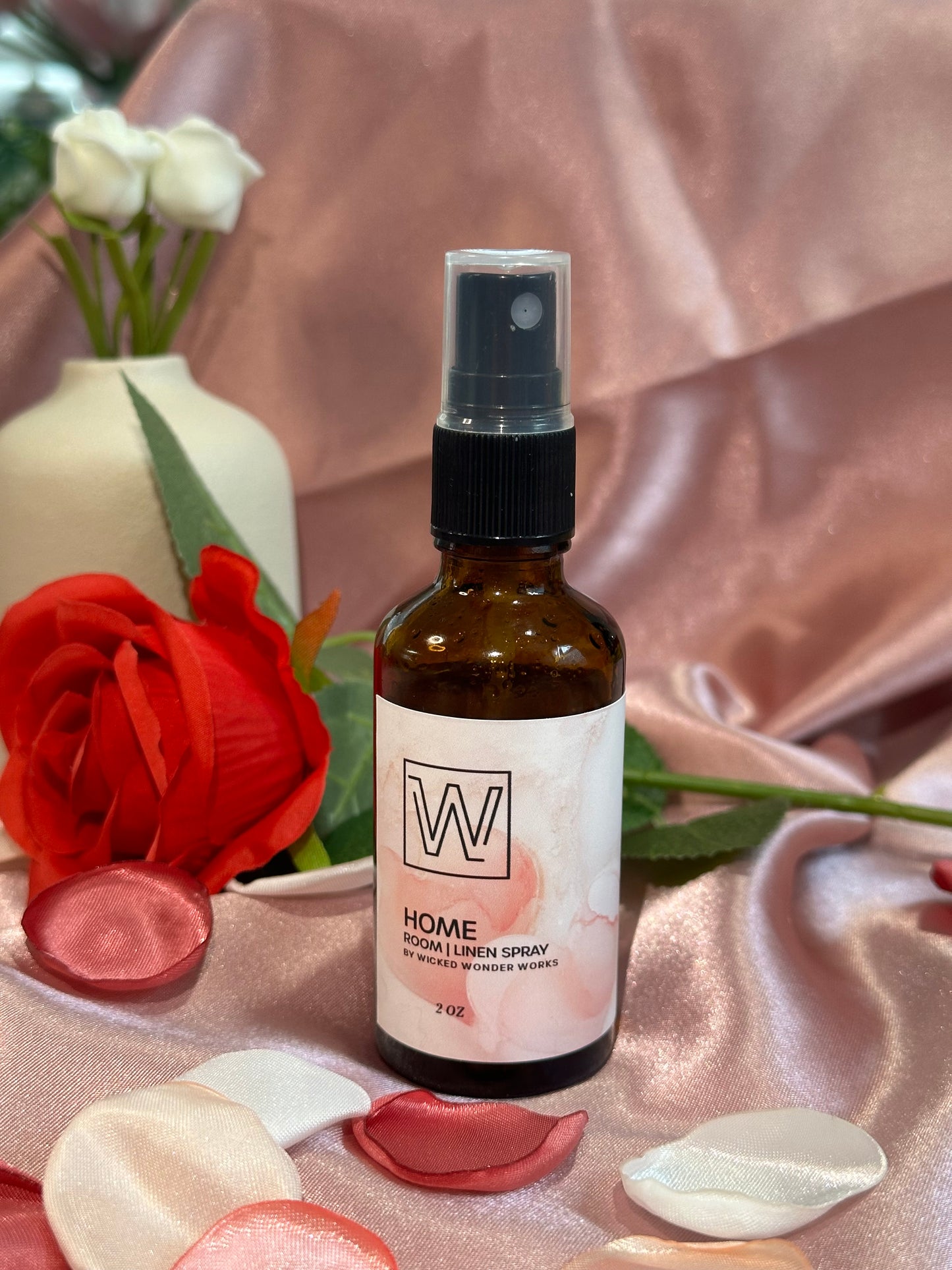 room and linen spray, amber glass bottle, rose petals, rose