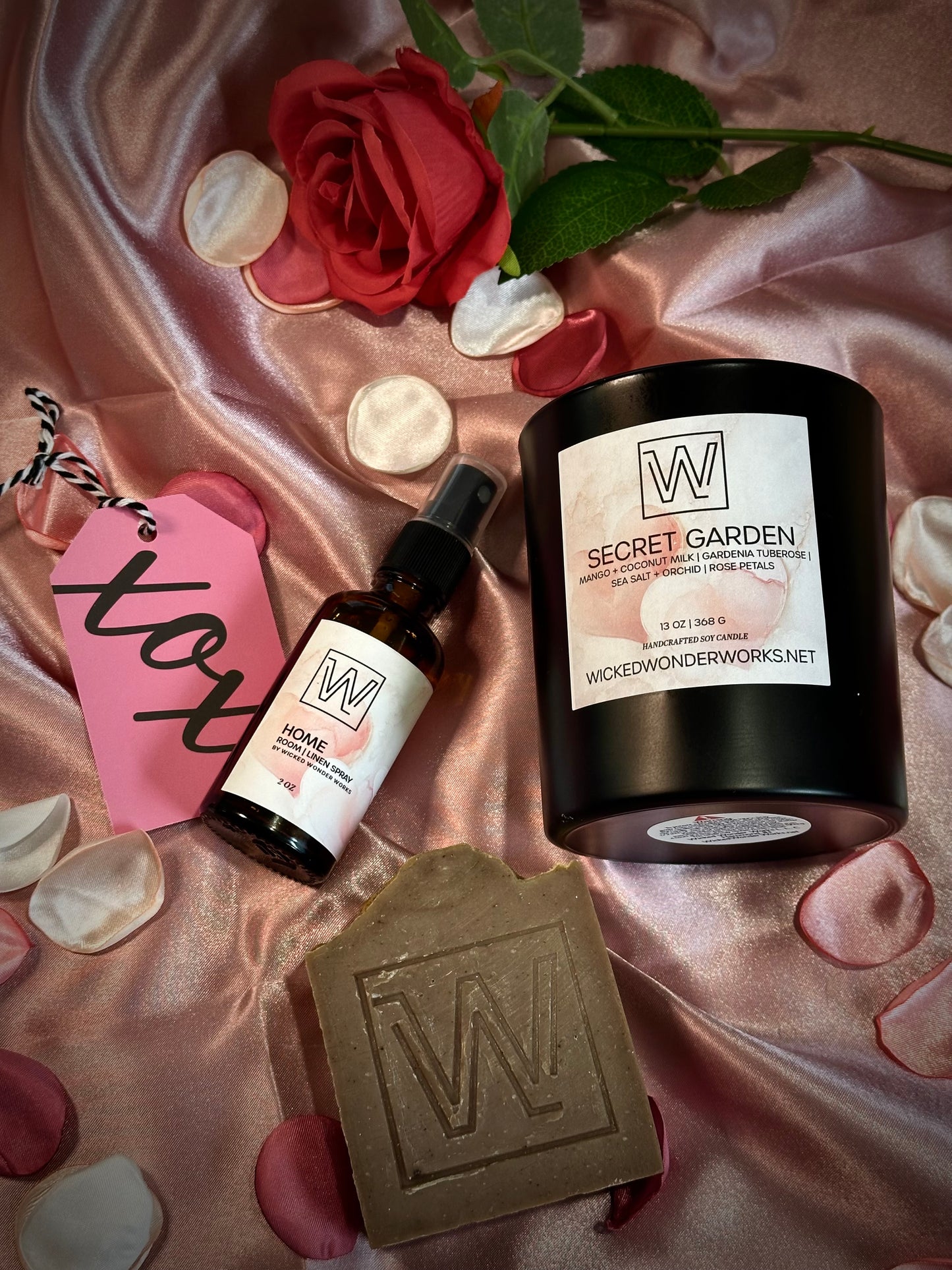 candle, room and linen spray, lavender soap, rose petals, rose