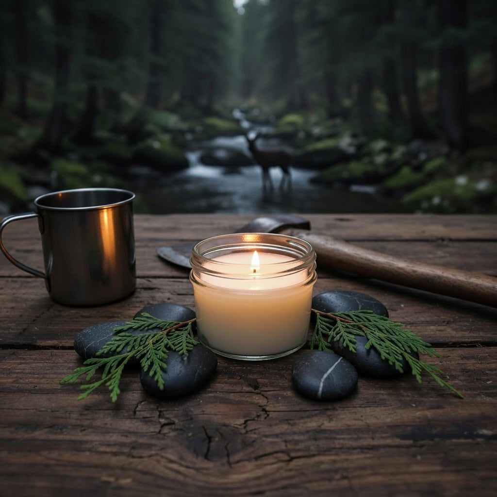 Candle, mug, and stones on a wooden surface with a forest background, woodsy pine scented candles