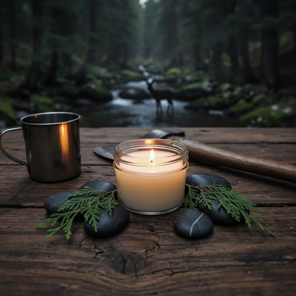 Candle, mug, and stones on a wooden surface with a forest background, woodsy pine scented candles