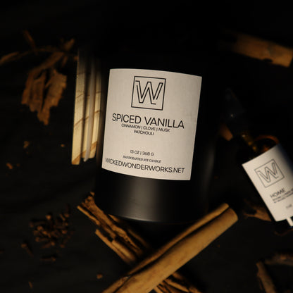Cinnamon, clove, musk, and patchouli scented soy candle. Spiced Vanilla' by Wicked Wonder Works,