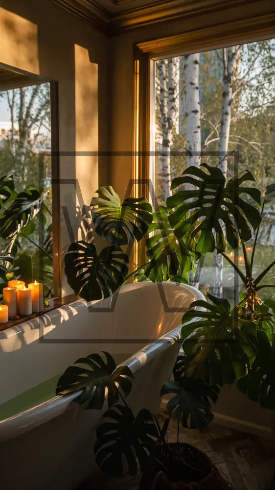 Bathroom with a bathtub, candles, and large windows with plants, birch trees