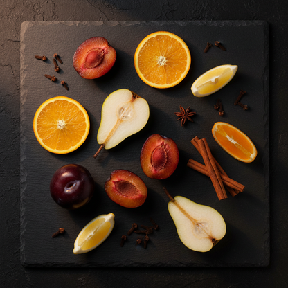 Simmer Pot Scent Profile -BLEND NOTES: PLUM, ORANGE, PEAR, CLOVE, CINNAMON, AND LEMON - wicked wonder works soy candle